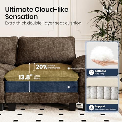 Cloud Modular Couch Sets, 123.6" Oversized Sectional Sofa with U-Shaped Chaise, 5-Seater Couches with 2 Movable Ottomans for Living Room, Chenille Grayish Brown