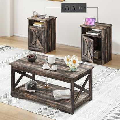 3-Piece Farmhouse Table Set Includes Coffee Table& Two End Tables, Side Table with Charging Station and USB Ports, for Living Room, Dark Oak
