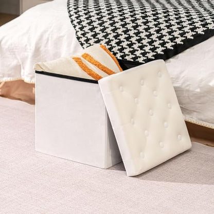 Storage Ottoman Velvet Tufted Folding Ottomans Footstool Rest Seat with Removable Lid (White, Medium)
