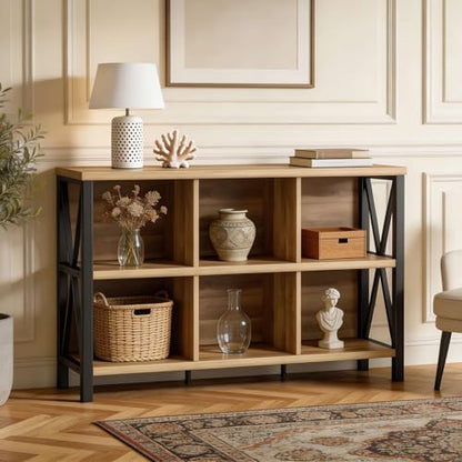 6 Cube Storage Organizer with Shelf, Long Wood and Metal Cubby Bookcase, Industrial Horizontal Bookshelf (Rustic Oak, 47 Inch)