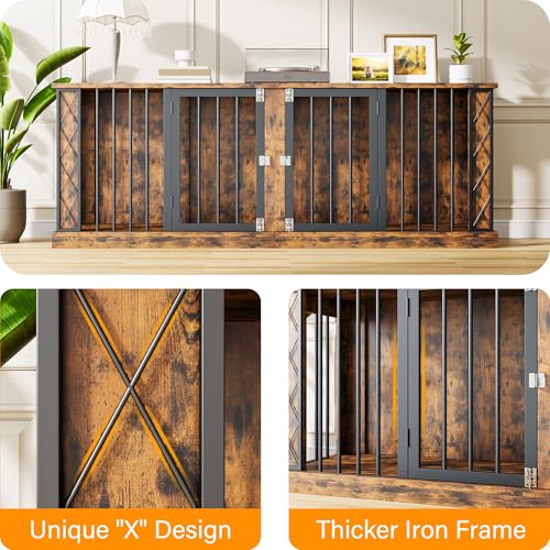 86.6" Double Dog Crate Furniture as TV Stand, Dog Kennel Furniture for 1 or 2 Dogs, Heavy Duty Dog Cage Indoor for Small/Medium/Large Dogs, Retro