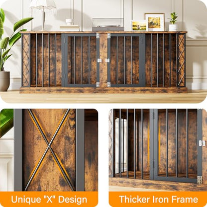 86.6" Double Dog Crate Furniture as TV Stand, Dog Kennel Furniture for 1 or 2 Dogs, Heavy Duty Dog Cage Indoor for Small/Medium/Large Dogs, Retro