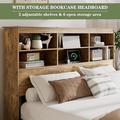 King Size Bed Frame with 50" Tall Storage Bookcase Headboard, view 6
