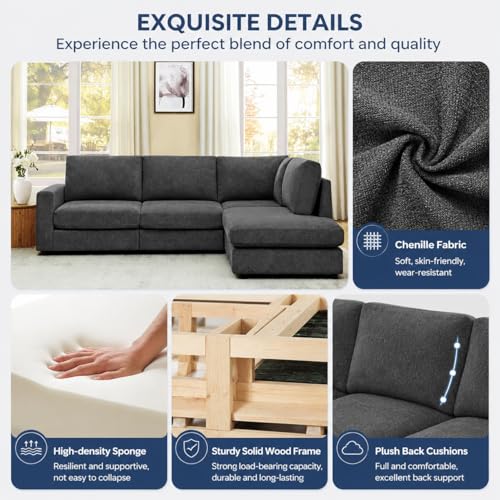 100" L-Shaped Sectional Couch with Reversible Deep Chaise, Grey | Comfy Chenille Modular Sectional Sofa, 4-Seater Corner Couch for Living Room, Apartment, Home Theater, Removable Covers