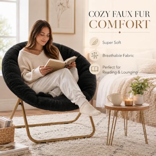 Saucer Chair, Comfy Faux Fur Chair for Bedroom, Saucer Chairs for Adults, Teens, Round Shaped Moon Chair with Foldable Metal Frame, Black