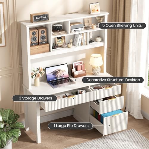 Fluted Computer Desk with Hutch and Ample File Drawer, White, view 5