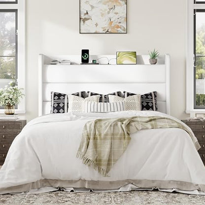 Queen Size Upholstered Bed Frame with Charging Station, White, view 4