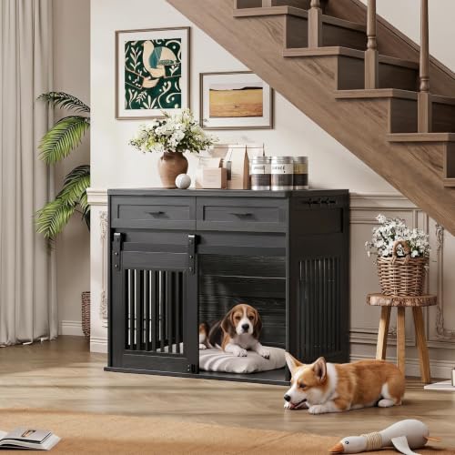 Heavy Duty Dog Crate Furniture with 2 Storage Drawers, Pet House, view 7