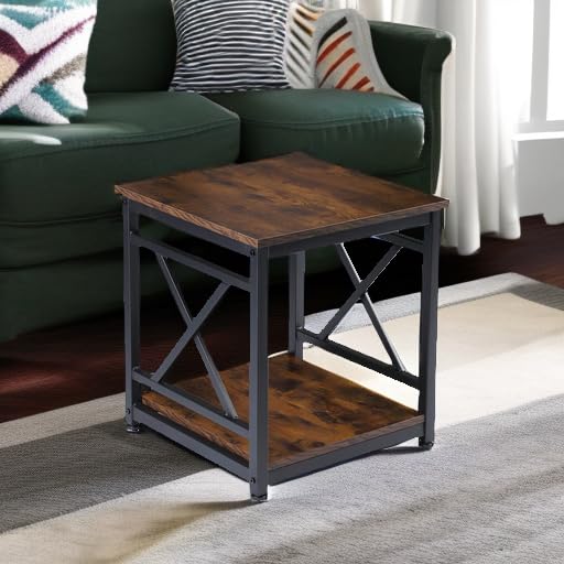 Industrial End Table, 18" Square Side Table with 2-Tier Storage Shelf, X-Design Metal Frame, Rustic Brown Nightstand Bedside Table for Living Room, Bedroom