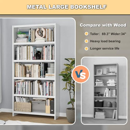 Bookshelf, 69" Tall White Bookshelf with 5 Storage Shelves, Large Metal Bookshelves, 5 Tier Sturdy Bookcase for Living Room, Library, Office, Bedroom, Including Book Stopper,Simple Assembly
