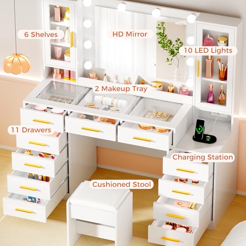 53.15" Large Glass Top Vanity Desk with Mirror and Lights, White, view 4
