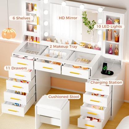 53.15" Large Glass Top Vanity Desk with Mirror and Lights, White, view 4