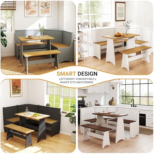 Breakfast Nook Set 3-4 Seat L-Shaped with Hidden Storage - Space Saving Corner Kitchen Dining Table & Bench Set - Farmhouse Family Home White Brown Wood