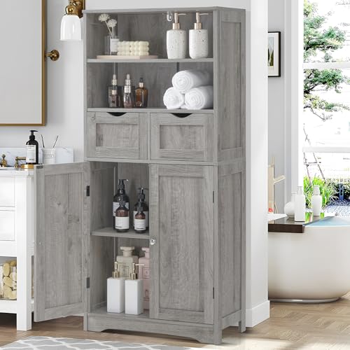 Storage Cabinet with 2 Drawers & Adjustable Shelf, Tall Bathroom Cabinet with Doors, Cupboard, Kitchen Cabinets for Living Room, Dining Room, Entryway, Grey