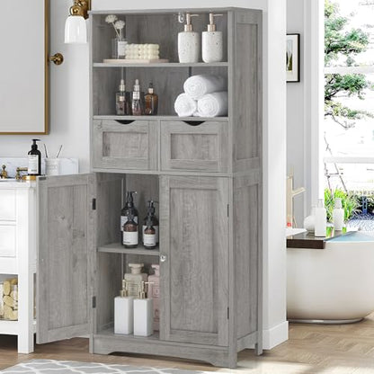 Storage Cabinet with 2 Drawers & Adjustable Shelf, Tall Bathroom Cabinet with Doors, Cupboard, Kitchen Cabinets for Living Room, Dining Room, Entryway, Grey