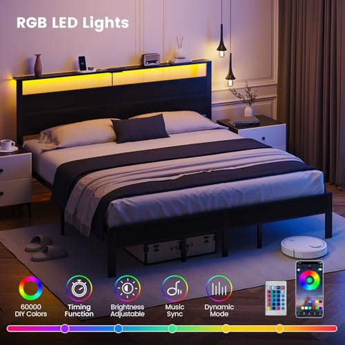 King Size Bed Frame with LED Lights and Charging Station, view 5