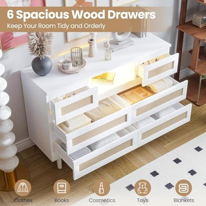 Modern Rattan 6 Drawer Dresser with LED Light & Charging Station – Deep Storage Chest for Bedroom, Closet, Nursery, Living Room, Entryway, TV Stand – White