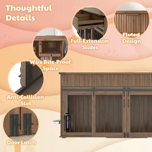 71" Double Dog Crate Furniture, Wooden Dog Kennel with Divider, Walnut, view 5