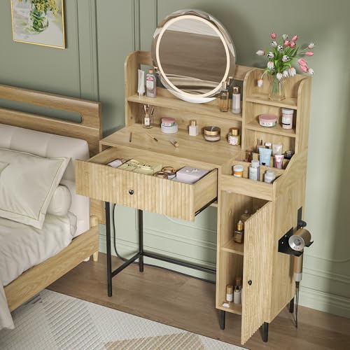 Women Bedroom Furniture Set of 2 Fluted Dresser and Makeup Vanity Desk with Charging Station Wood Dressing Table with 3 Lighting Modes and Accent Fluted Drawer Dresser for Women's Bedroom
