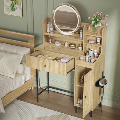 Women Bedroom Furniture Set of 2 Fluted Dresser and Makeup Vanity Desk with Charging Station Wood Dressing Table with 3 Lighting Modes and Accent Fluted Drawer Dresser for Women's Bedroom