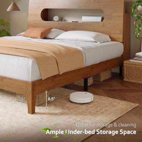 Queen Size Solid Wood Bed Frame with Storage Headboard,Brown, view 7