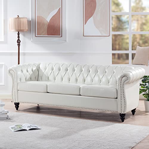 Chesterfield Sofa, Classic Tufted Upholstered Leather Couch, Modern 3 Seater Couch Furniture with Tufted Back for Living Room Office (Cream White)