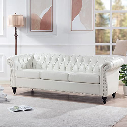 Chesterfield Sofa, Classic Tufted Upholstered Leather Couch, Modern 3 Seater Couch Furniture with Tufted Back for Living Room Office (Cream White)