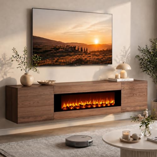70'' Floating TV Stand with 36" Electric Fireplace, High Glossy, Brown, view 2