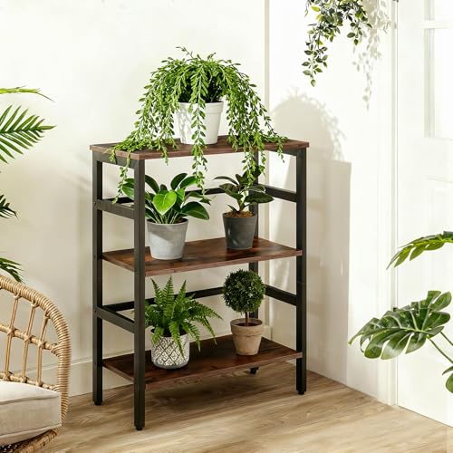 3 Tier Bookshelf, 23.6" L Industrial Bookcase, Record Storage Rack with Side Fence, Storage Shelf with Metal Frame, Rustic Open Display Shelf for Living Room, Bedroom, Rustic Brown BF86CJ01G1