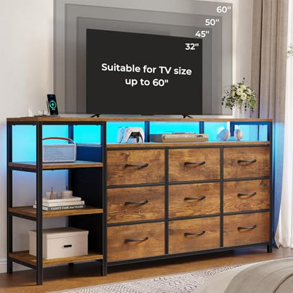 TV Stand for 60 Inches, Dresser With Charging Station & LED Lights, 9 Fabric Drawers, Entertainment Center and Industrial Console Table With Open Shelves for Living Room, Bedroom, Rustic Brown