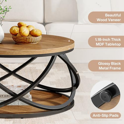 Tribesigns 2-Tier Round Coffee Table, 31.5" Circle Center Table, Wood Grain Accent Table with Storage Shelf and Cross Metal Frame for Living Room, Small Space, Rustic Brown