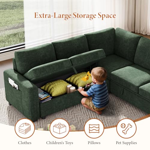88.4" Sectional Sleeper Sofa with Pull Out Bed, 5 Seater L Shaped Modular Sectional Couch with Storage, Comfy Chenille Modular Couch for Living Room, Bedroom, Apartment, Green