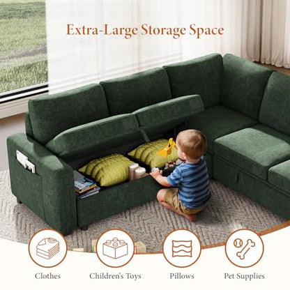 88.4" Sectional Sleeper Sofa with Pull Out Bed, 5 Seater L Shaped Modular Sectional Couch with Storage, Comfy Chenille Modular Couch for Living Room, Bedroom, Apartment, Green