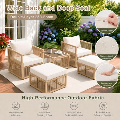 5 Piece Patio Furniture Set, Outdoor Sectional Sofa Set with 2 Ottomans, Coffee Table, Washable Cushions, All Weather Patio Wicker Conversation Set with Arm Chairs for Backyard, Porch, Balcony, Deck