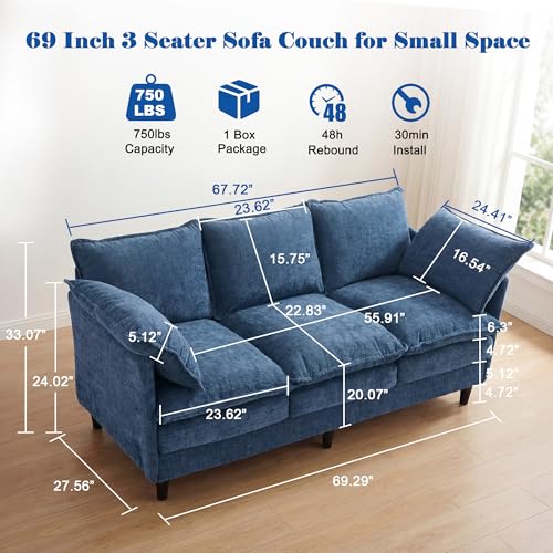 3 Seater Couch Sofa, 69" Small Couch Modern Cozy Comfy Cloud Chenille Sofa 23" Deep 1 Box & 2 Pillows & Washable Cover Couches for Living Room Bedroom Apartment Office 69-Blue
