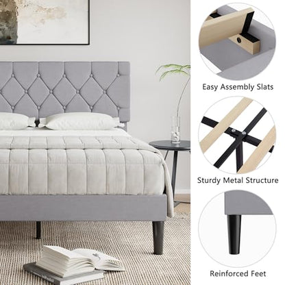 Full Bed Frame with Upholstered Tufted Headboard, Grey, view 5