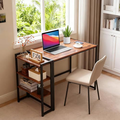 38.6 inch Folding Desk Writing Computer Desk with Storage Shelf,Spaces Saving Writing Sturdy Table No Assembly,for for Bedroom, Home Office, Dorm, Apartment, Brown