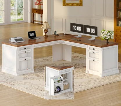 L Shaped Desk with 4 Drawers, 67"x 67" Executive Home Office Desk with File Drawers & Storage Cabinet, Corner Computer Desk with Power Strip for Bedroom, Brown+White