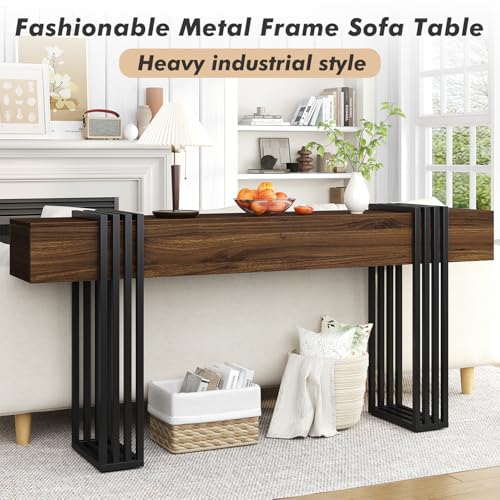 71 Inch Long Console Table, Extra Thick Industrial Sofa Table Behind The Couch Rectangular Entryway Table for Entrance Hallway Living Room, Entire top Board & 4-Pipe Legs, Walnut