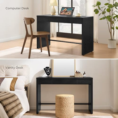 Home Office Executive Desk - 47-Inch Computer Desk with Drawer, Farmhouse Writing Study Desk with Storage,Boho Makeup Vanity Table for Bedroom (Black Oak, 2 Pieces)