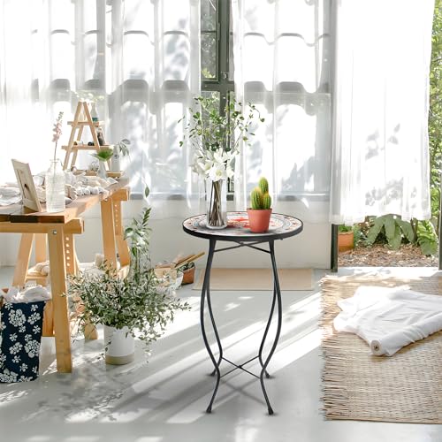 12 Inch Small Outdoor Side Table with Pink Flower, Glass Mosaic Patio Table Indoor, Round Plant Coffee Table for Living Room, Balcony, Garden