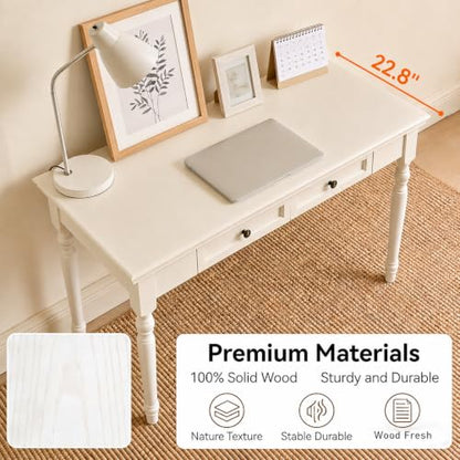 47” Solid Wood Writing Desk with Drawers, White, view 5