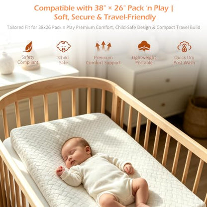 Pack and Play Mattress 38"x26" – Dual Sided Memory Foam Pack N Play Mattress Pad with Breathable Removable Cover, Non-Slip Bottom, Firm & Plush Support for Baby