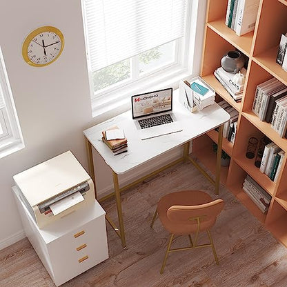 White Faux Marble Folding Desk, 31.5" Small Desk for Small Spaces with Gold Legs, Easy Assemble Foldable Computer Desk, Mini Portable Working Table for Home Office, White and Gold