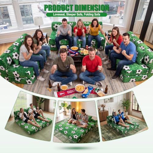 59" Convertible Sofa Bed with High Backrest & Washable Cover, Compression Boneless Couch in a Box, Sectional Loveseat Floor Sleeper Sofa for Bedroom, Living Room, World Cup, Football Green