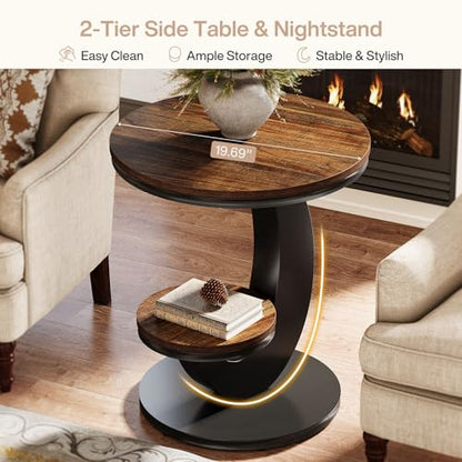 Tribesigns Round End Table, 2 Tiers Side Table with Storage Shelf, Sofa Side Bedside Nightstand with Wood Metal Arc-Shaped Frame for Small Spaces, Living Room, Bedroom, Easy to Assemble, Brown (1PCS)