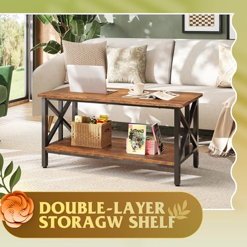 Coffee Table for Living Room, 39" Modern 2-Tier Center Table with Round Corners, Storage Shelf, Farmhouse Style Small Coffee Table with Metal Frame, Rustic Brown