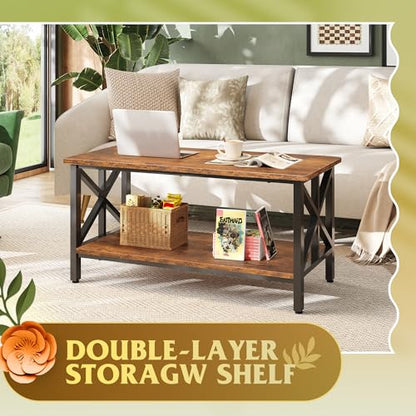 Coffee Table for Living Room, 39" Modern 2-Tier Center Table with Round Corners, Storage Shelf, Farmhouse Style Small Coffee Table with Metal Frame, Rustic Brown