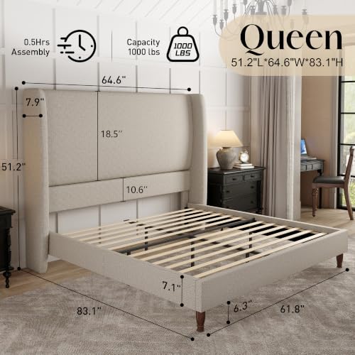 Queen Bed Frame Linen Upholstered 51.2" Tall Headboard, Light Khaki, view 3