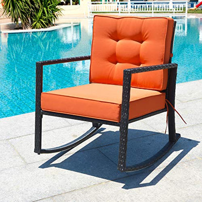 Wicker Rocking Chair, Outdoor Rattan Rocker Chair with Heavy-Duty Steel Frame, Patio Furniture Seat with 5” Thick Cushion for Garden, Porch, Backyard, Poolside (1, Orange)